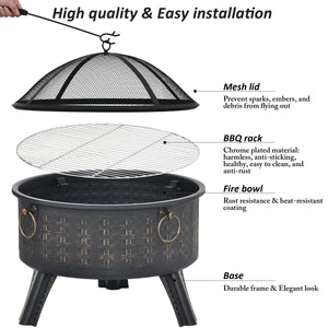 64 cm Outdoor Fire Pit, Steel Fire Pits, Bonfire Fire pit, Patio BBQ Camping, Outdoor Fireplace with Spark Screen, Mesh Cover, Poker, Bronze