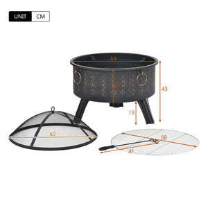 64 cm Outdoor Fire Pit, Steel Fire Pits, Bonfire Fire pit, Patio BBQ Camping, Outdoor Fireplace with Spark Screen, Mesh Cover, Poker, Bronze