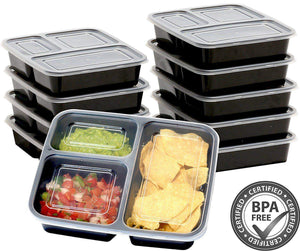 3 Compartment Reusable Food Storage Containers With Lids, Set of 10, For Meal Prep, 21 Day Fix, BPA Free; Microwave, Freezer and Dishwasher Safe