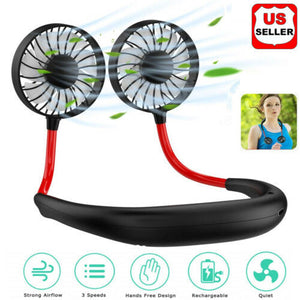 US store Portable USB Rechargeable Neckband Dual Cooling Mini Fan Lazy Neck Hanging Style